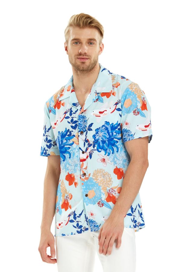 Men's Hawaiian Shirt - Polyester Flowering Koi Blue Aloha Print Shirt
