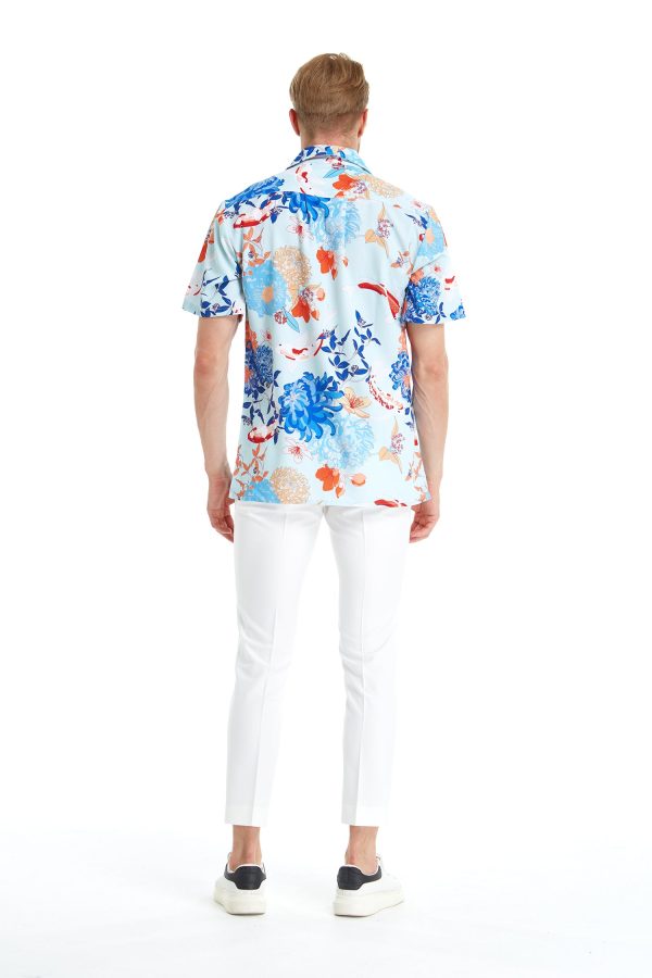 Men's Hawaiian Shirt - Polyester Flowering Koi Blue Aloha Print Shirt - Image 3