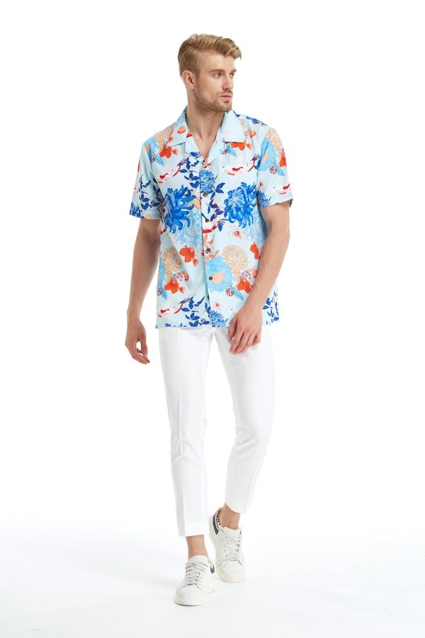 Men's Hawaiian Shirt - Polyester Flowering Koi Blue Aloha Print Shirt - Image 4