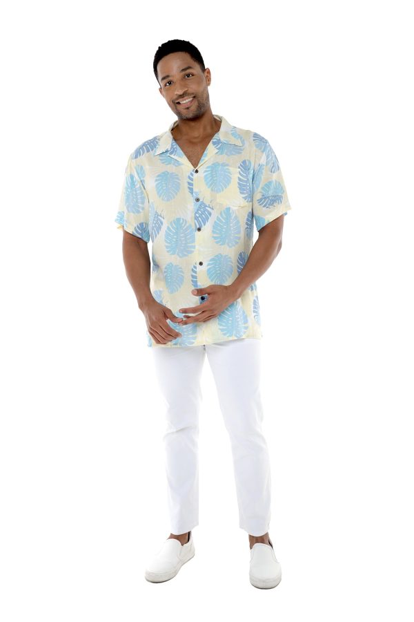 Men's Hawaiian Shirt - Polyester Pacific Palm Leaves Cream Aloha Print Shirt