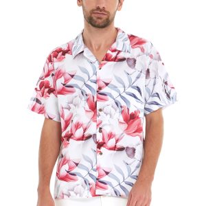 Men's Hawaiian Shirt - Polyester Misty Lotus White Aloha Print Shirt