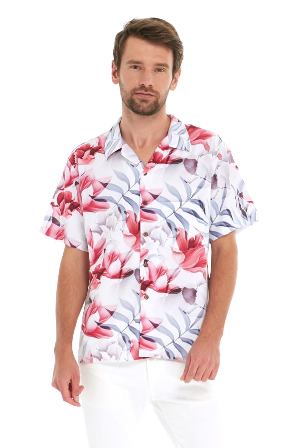 Men's Hawaiian Shirt - Polyester Misty Lotus White Aloha Print Shirt