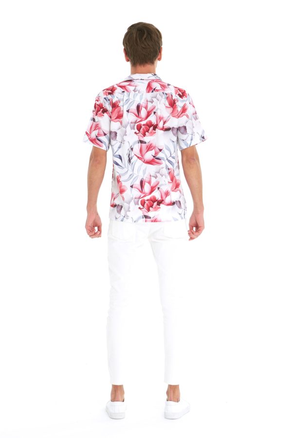 Men's Hawaiian Shirt - Polyester Misty Lotus White Aloha Print Shirt - Image 2