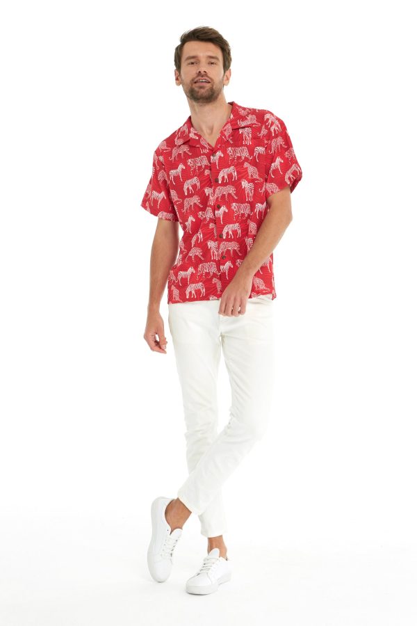Men's Hawaiian Shirt - Polyester Tropical Jungle Red Aloha Print Shirt - Image 5