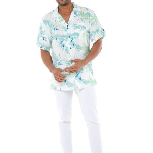 Men's Hawaiian Shirt - Polyester Orchid Breeze White Aloha Print Shirt