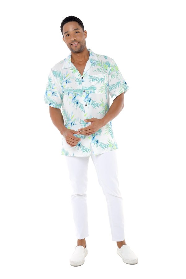 Men's Hawaiian Shirt - Polyester Orchid Breeze White Aloha Print Shirt