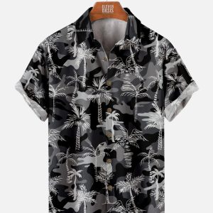 Men's Hawaiian Shirt - Black Grey Camo with Palm Tree Print Polyester Urban Tropical Summer Shirt