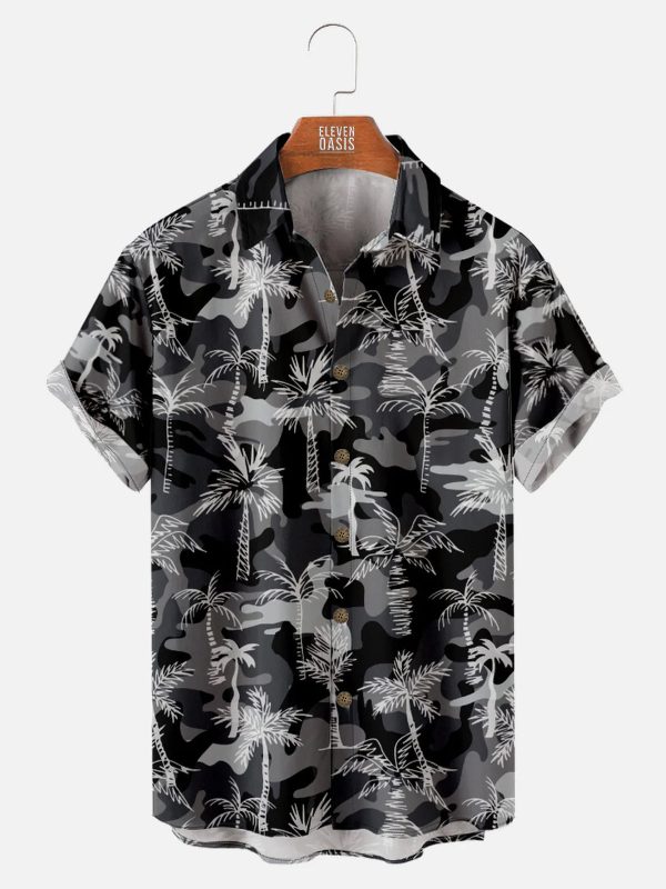 Men's Hawaiian Shirt - Black Grey Camo with Palm Tree Print Polyester Urban Tropical Summer Shirt