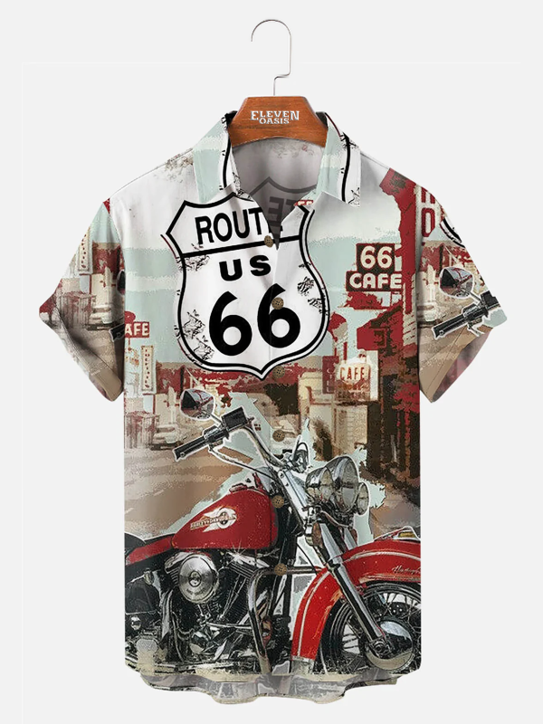 Men's Hawaiian Shirt - Vintage Motorcycle and Route 66 Road Trip Print Polyester Summer Shirt