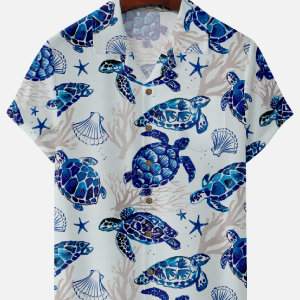 Men's Hawaiian Shirt - Ocean Turtle and Oceanic Style Print Polyester Casual Summer Shirt
