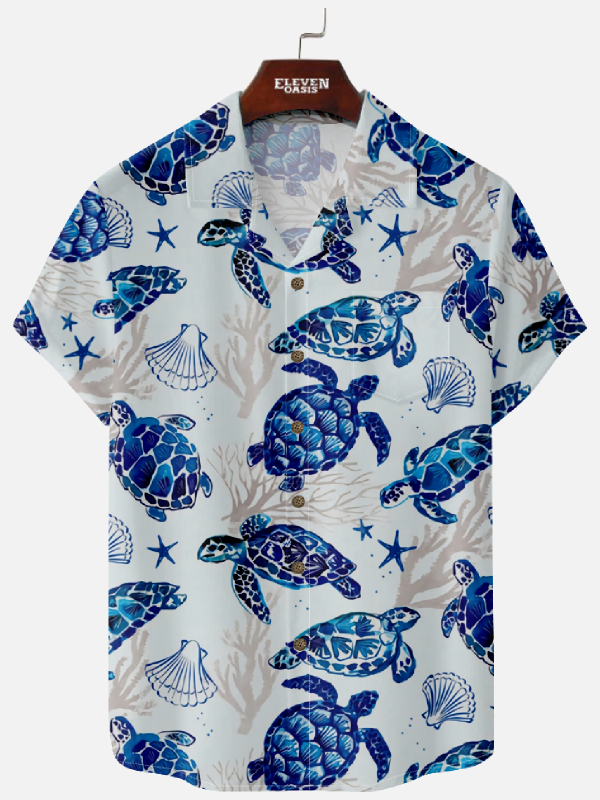Men's Hawaiian Shirt - Ocean Turtle and Oceanic Style Print Polyester Casual Summer Shirt