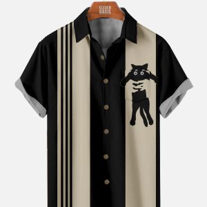 Men's Hawaiian Shirt with Chest Pocket - Black Cat Bowling Design Casual Polyester Shirt