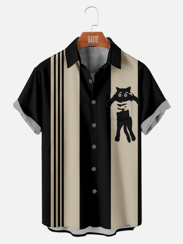 Men's Hawaiian Shirt with Chest Pocket - Black Cat Bowling Design Casual Polyester Shirt