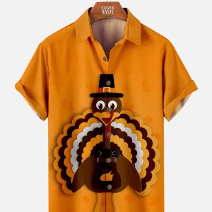 Men's Hawaiian Shirt - Thanksgiving Turkey Print Casual Polyester Fall Holiday Shirt