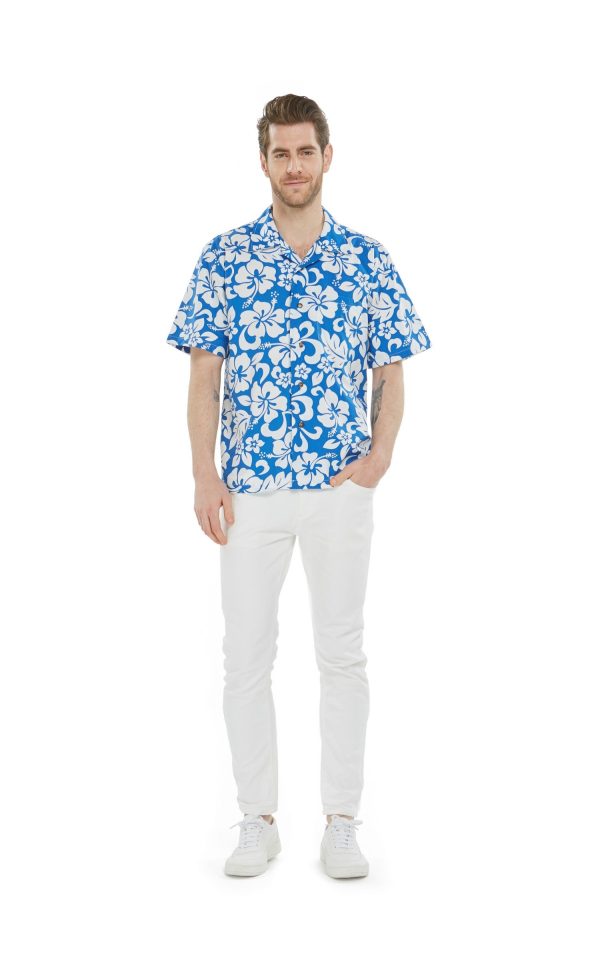 Men's Hawaiian Shirt - Polyester Vintage Hibiscus Blue Aloha Print Shirt - Image 2