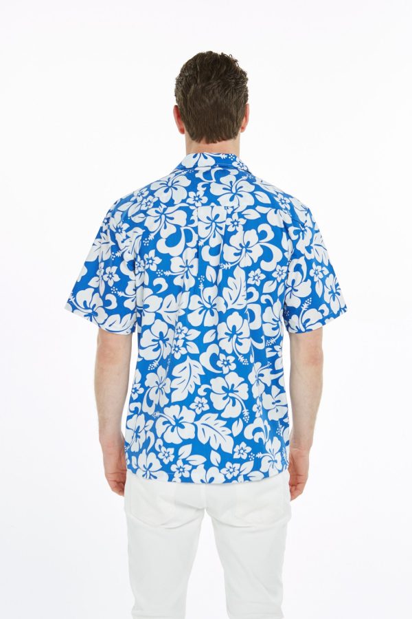 Men's Hawaiian Shirt - Polyester Vintage Hibiscus Blue Aloha Print Shirt - Image 3