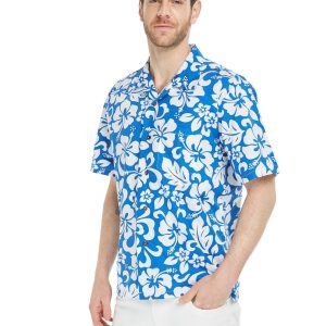 Men's Hawaiian Shirt - Polyester Vintage Hibiscus Blue Aloha Print Shirt