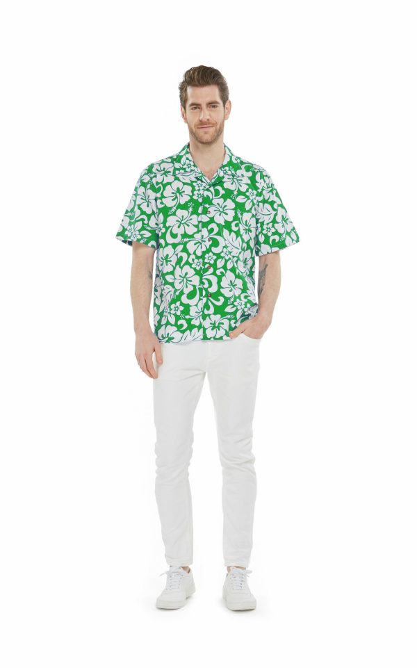 Men's Hawaiian Shirt - Polyester Vintage Hibiscus Green Aloha Print Shirt - Image 2