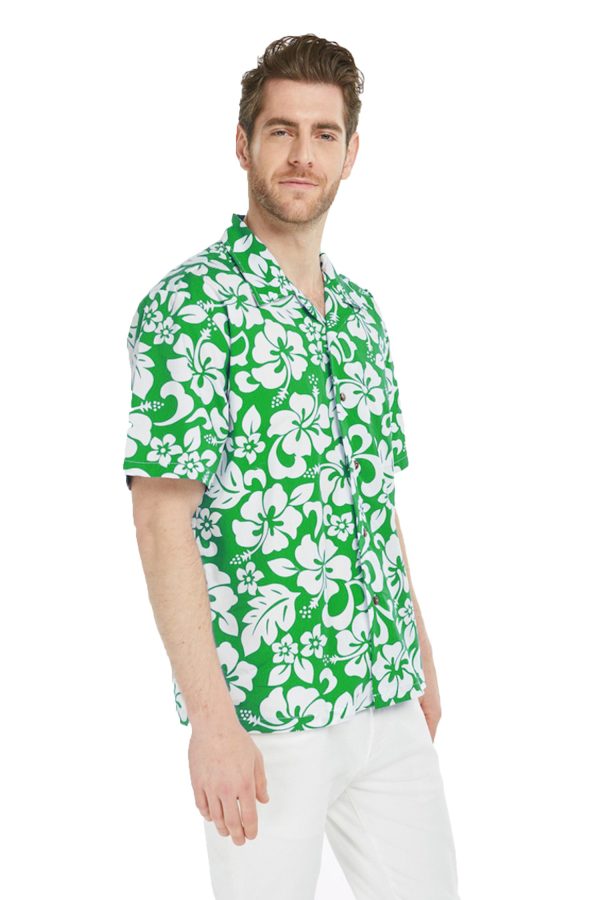 Men's Hawaiian Shirt - Polyester Vintage Hibiscus Green Aloha Print Shirt