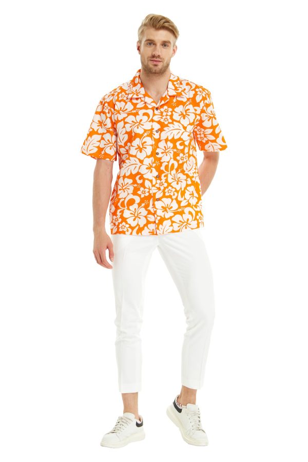 Men's Hawaiian Shirt - Polyester Vintage Hibiscus Orange Aloha Print Shirt - Image 2