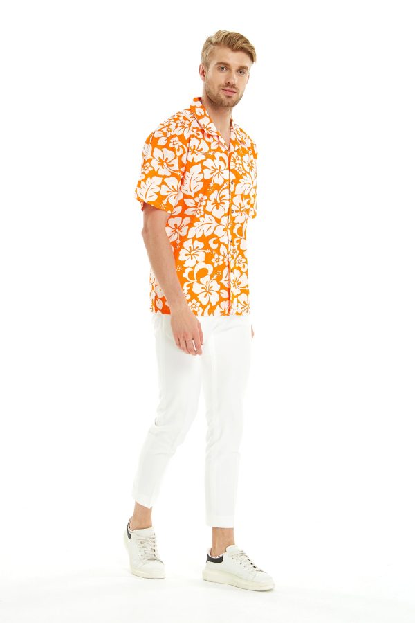Men's Hawaiian Shirt - Polyester Vintage Hibiscus Orange Aloha Print Shirt - Image 4