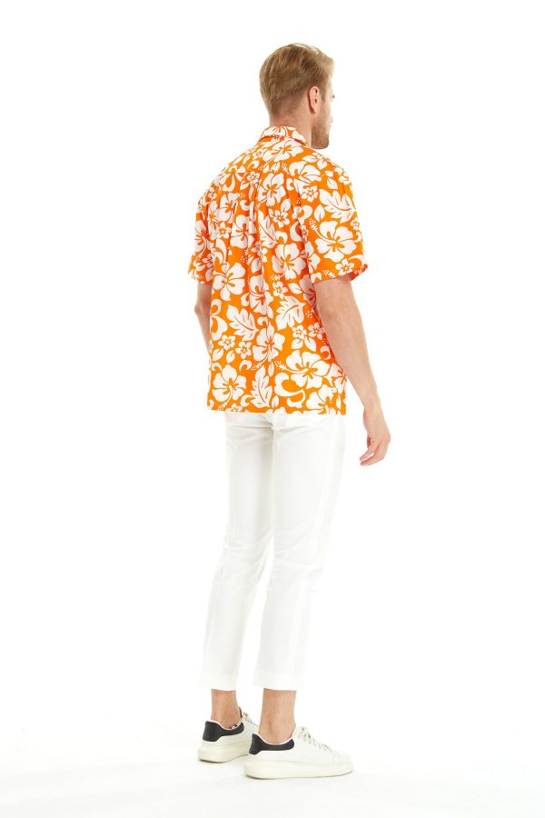 Men's Hawaiian Shirt - Polyester Vintage Hibiscus Orange Aloha Print Shirt - Image 6