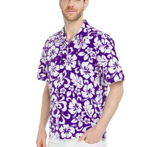 Men's Hawaiian Shirt - Polyester Vintage Hibiscus Purple Aloha Print Shirt