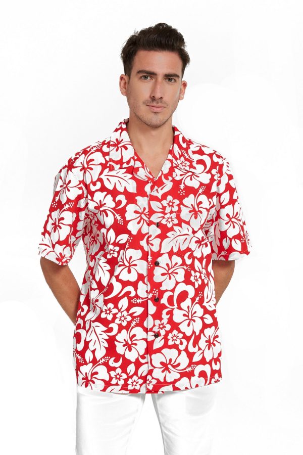 Men's Hawaiian Shirt - Polyester Vintage Hibiscus Red Aloha Print Shirt