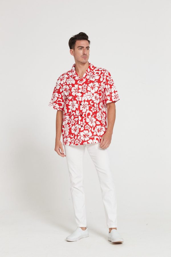 Men's Hawaiian Shirt - Polyester Vintage Hibiscus Red Aloha Print Shirt - Image 5