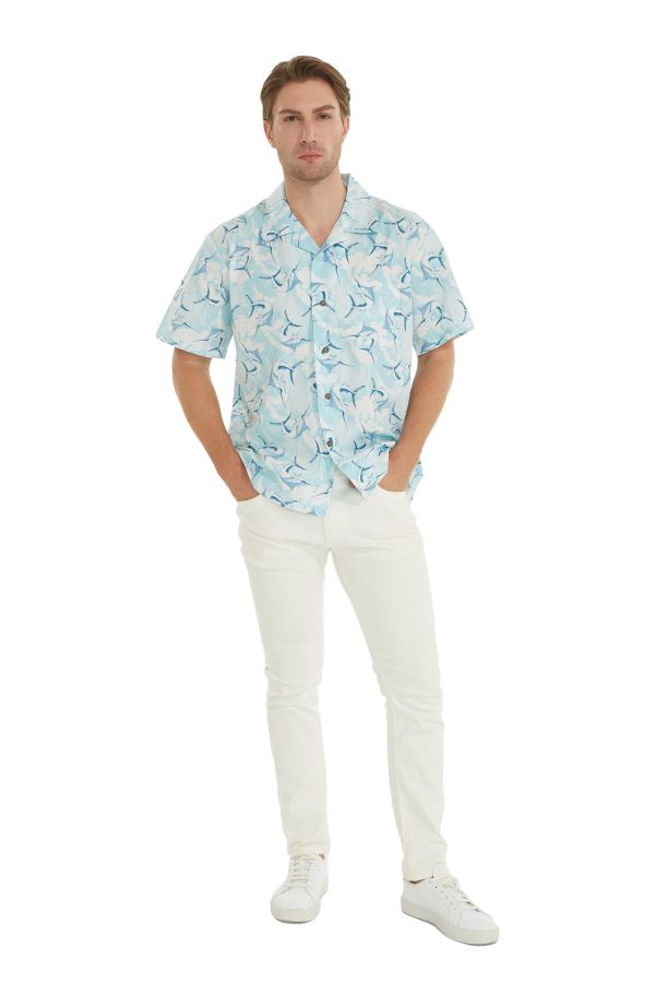 Men's Hawaiian Shirt - Polyester Marlin Blue Aloha Print Shirt