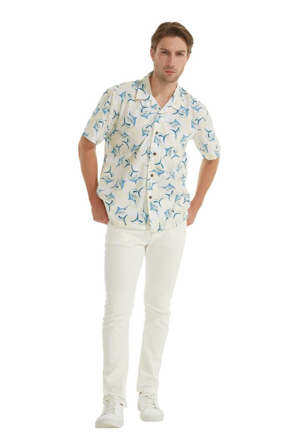 Men's Hawaiian Shirt - Polyester Marlin Yellow Aloha Print Shirt