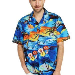 Men's Hawaiian Shirt - Polyester Dolphin Sunset Blue Aloha Print Shirt