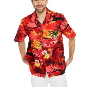 Men's Hawaiian Shirt - Polyester Dolphin Sunset Red Aloha Print Shirt