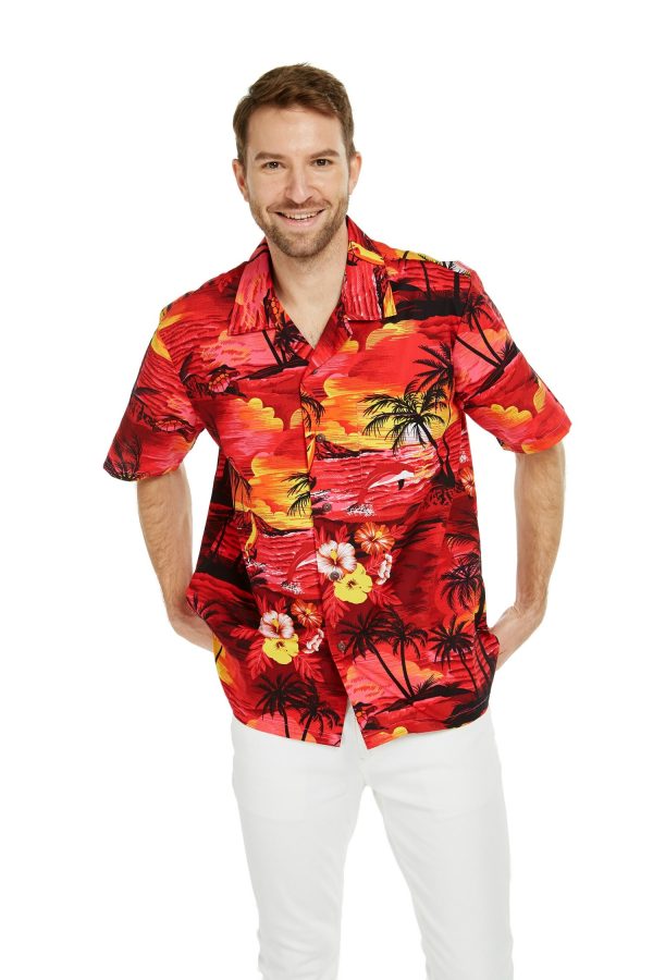 Men's Hawaiian Shirt - Polyester Dolphin Sunset Red Aloha Print Shirt
