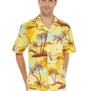 Men's Hawaiian Shirt - Polyester Dolphin Sunset Yellow Aloha Print Shirt