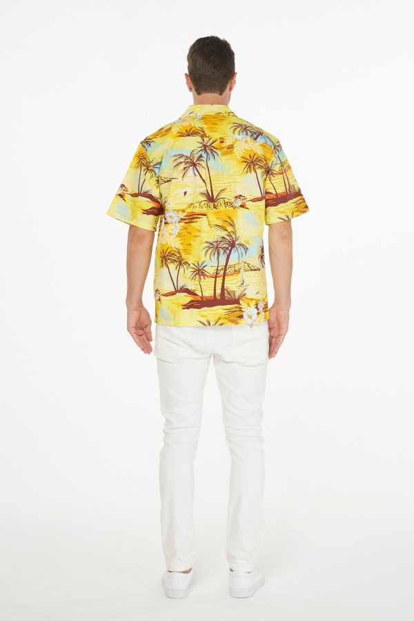 Men's Hawaiian Shirt - Polyester Dolphin Sunset Yellow Aloha Print Shirt - Image 2