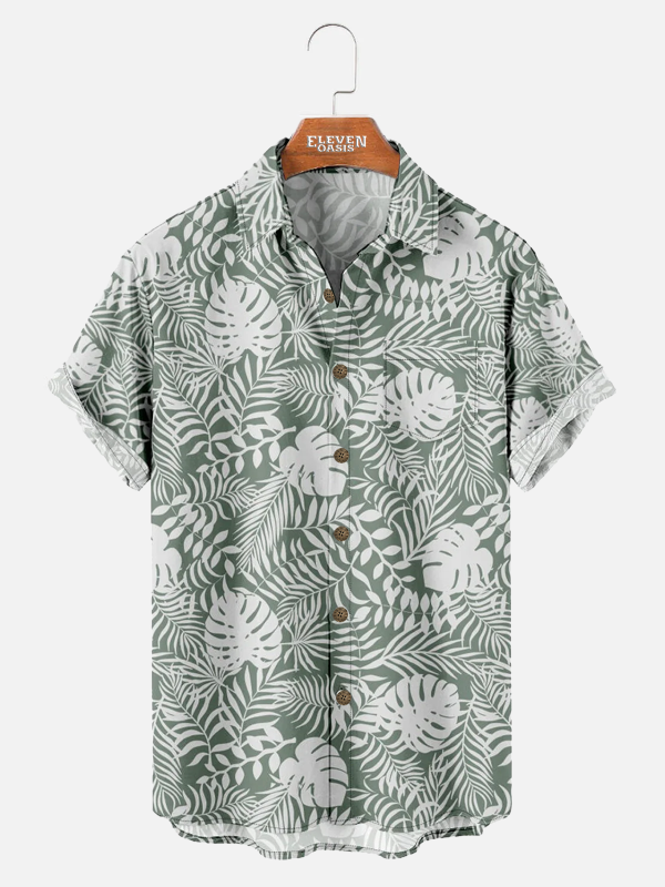 Men's Hawaiian Shirt - Tropical Leaf Pattern Nature-Inspired Polyester Casual Summer Shirt