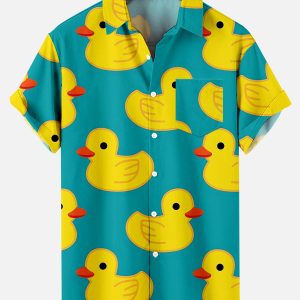 Men's Hawaiian Shirt - Cute Little Yellow Duck Print Polyester Tropical Summer Shirt