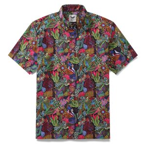 1950s Hawaiian Shirt for Men with Josephine George Plants Print - Floral Button-Down Short Sleeve Shirt for Casual Beach and Travel Wear