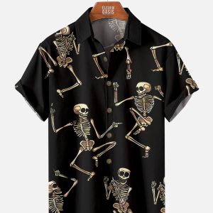 Men's Hawaiian Shirt - Halloween Dancing Skeleton Print Polyester Casual Holiday Shirt