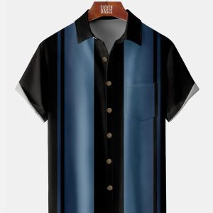 Men's Hawaiian Shirt with Pocket - Ombre Print Soft Casual Bowling Style Summer Shirt