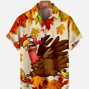 Men's Hawaiian Shirt - Funny Screaming Turkey Thanksgiving Cartoon Holiday Shirt