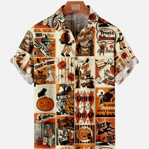 Men's Hawaiian Shirt - Vintage Halloween Patches Print Casual Polyester Summer Shirt