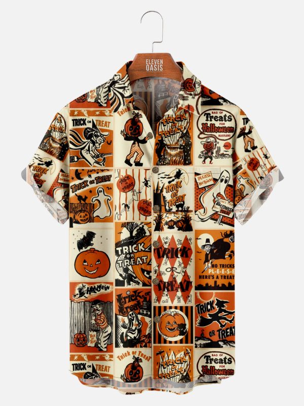 Men's Hawaiian Shirt - Vintage Halloween Patches Print Casual Polyester Summer Shirt