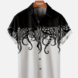 Men's Hawaiian Shirt with Pocket - Cthulhu Octopus Print Lovecraft-Inspired Summer Shirt