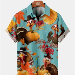 Men's Hawaiian Shirt - Funny Thanksgiving Turkey Print Polyester Casual Holiday Shirt