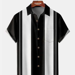 Men's Hawaiian Shirt with Pocket - 50s Geo Print Retro Bowling Summer Shirt