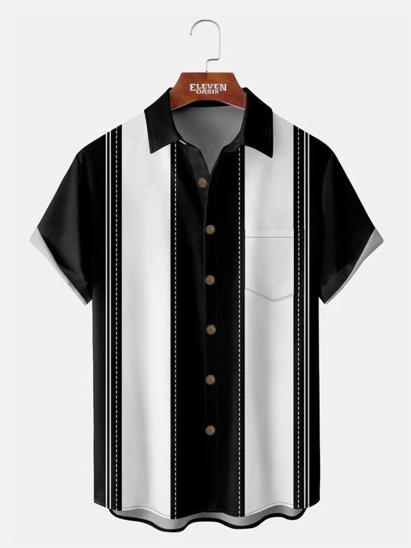 Men's Hawaiian Shirt with Pocket - 50s Geo Print Retro Bowling Summer Shirt