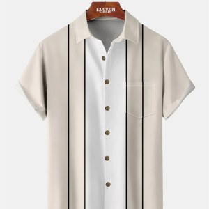 Men's Hawaiian Shirt with Pocket - Striped Bowling Style Casual Summer Shirt