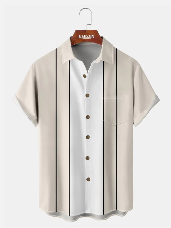 Men's Hawaiian Shirt with Pocket - Striped Bowling Style Casual Summer Shirt
